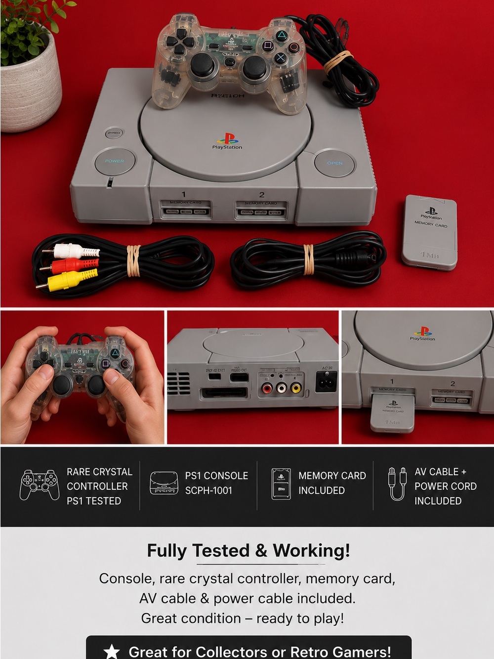 Sony PlayStation 1 PS1 Console Bundle Crystal Controller Memory Card Tested